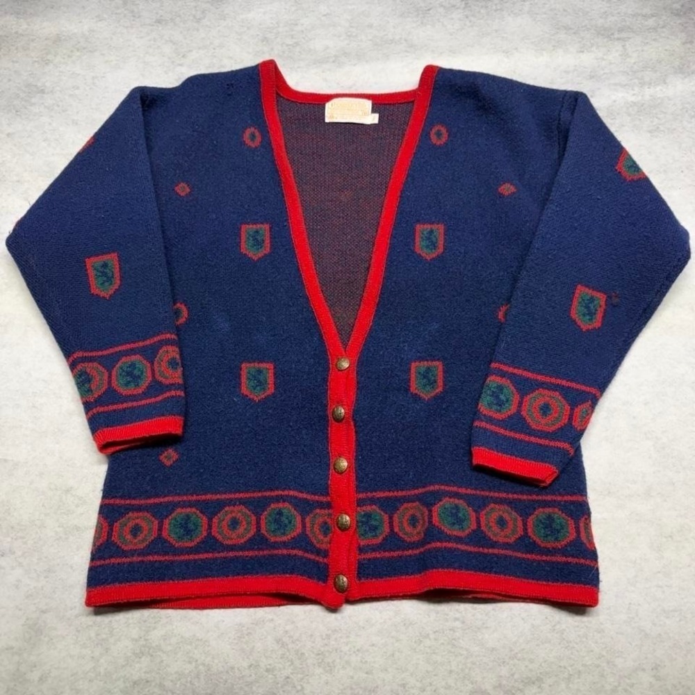 Vintage Pendleton Wool Cardigan Navy Red Crest Button Up Sweater Mens Medium